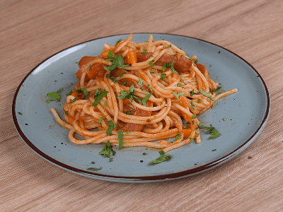 Pasta with Fried Hot Dog Sausages