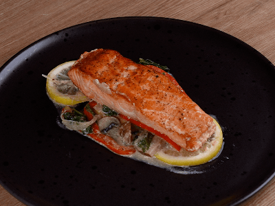 Fried Salmon with Sautéed Vegetables