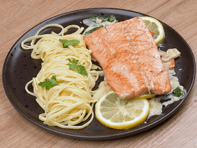 Salmon with Sautéed Vegetables and Pasta